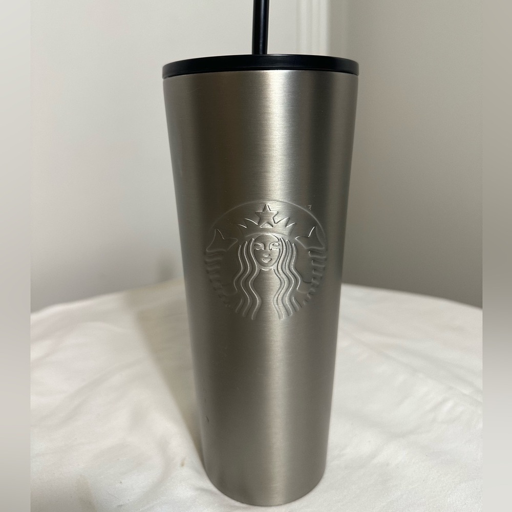 Like new stainless steel Starbucks tumbler w straw lid cup logo thermos silver